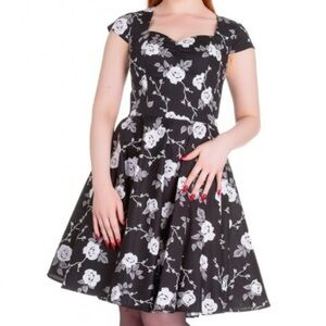 HELL BUNNY Vixen Natalia Fit & Flare Swing Dress Black Gray Floral Size Medium